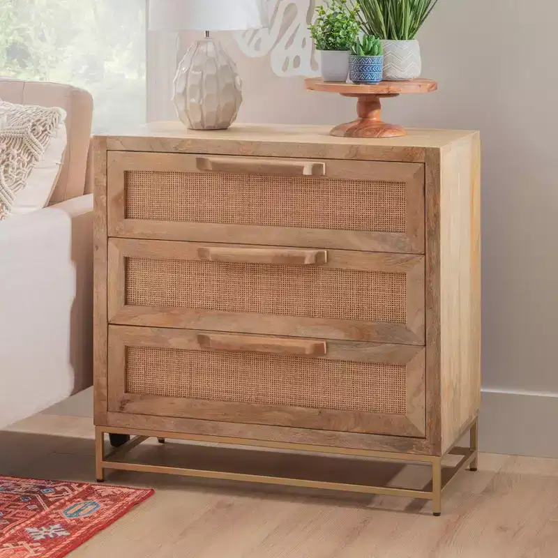 Transitional 3 Natural Cane Drawers Cabinet with Gold Metal Base