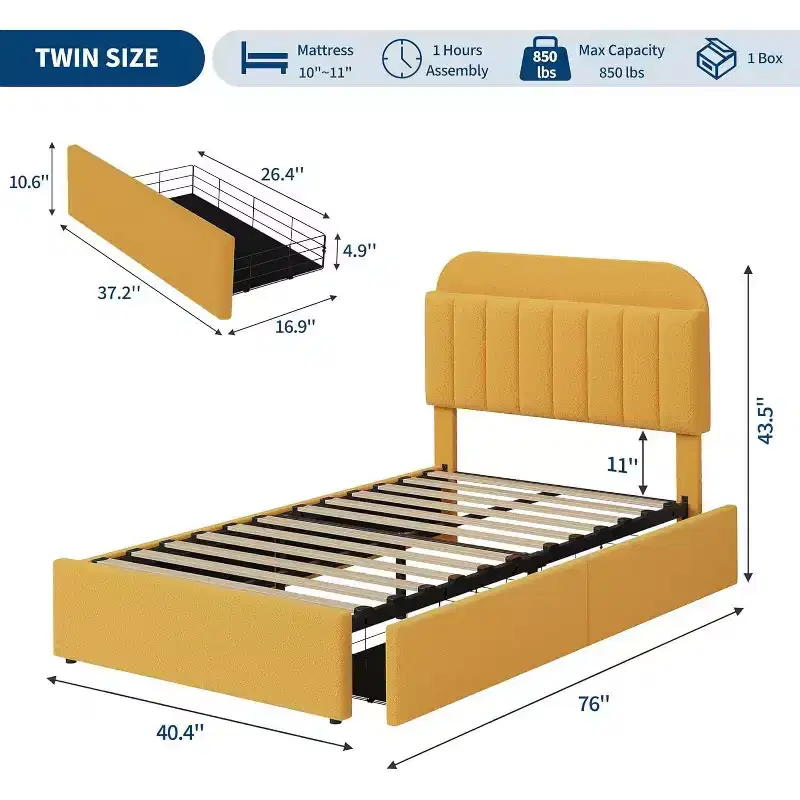 Platform Bed Frame,Kids Bed Frame with Storage Headboard, 2 Rolling Drawers, Noise Free Bedframe, No Box Spring Needed,Yellow