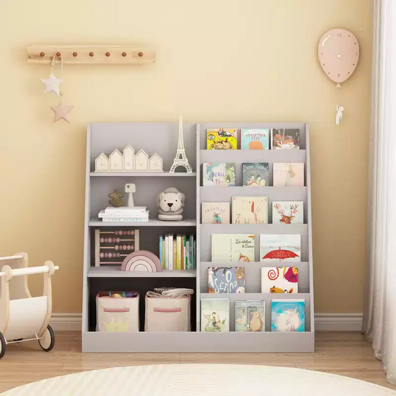 4 Tier Multifunctional Kids Bookshelf Toy Storage Organizer,Wooden Kids Bookcase with Display Stand for Kids Bedroom,Playroom