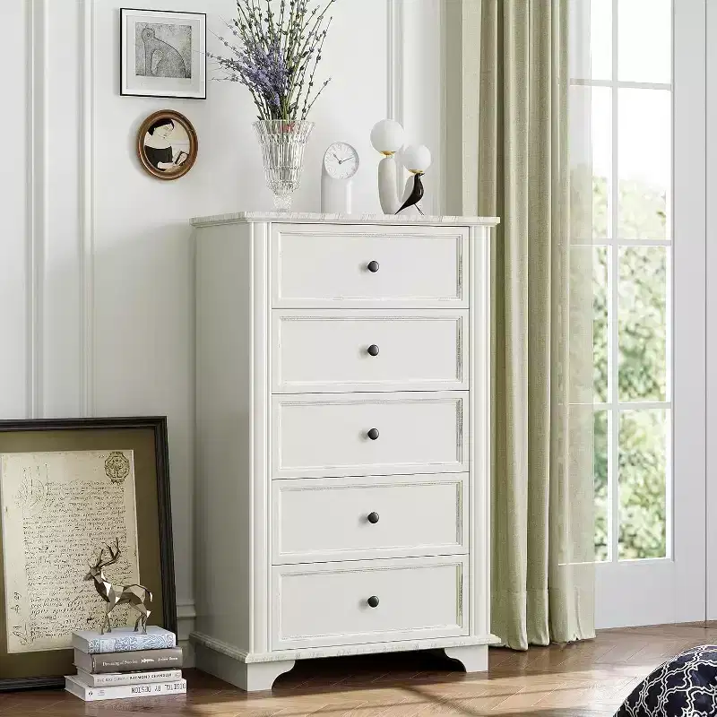 VINGLI Tall Dresser 5 Drawer Chest of Drawers, Wood White Dresser for Bedroom