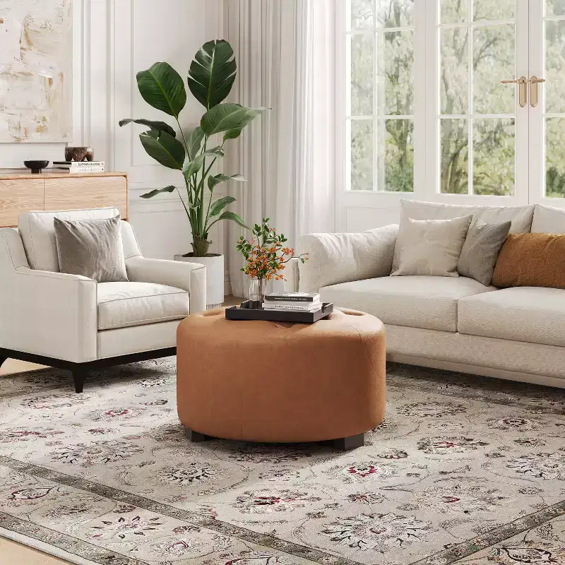 Round Button Tufted Ottoman, PU/Linen Upholstered Footstool with Birch Wood Legs