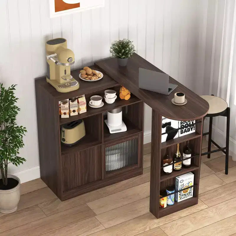 Counter Height Dining Cabinet with Storage, Ribbed Glass Door, and Rotating Top with 3 Shelves, Modern Bar Cabinet for Dining Room and Living Room