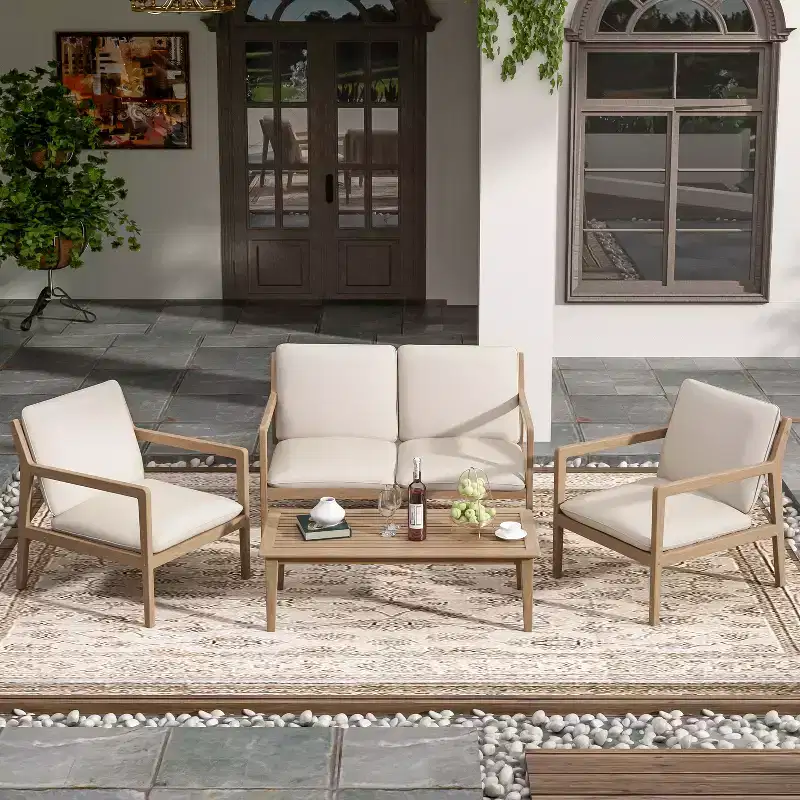 Christopher Knight Home Vanda Patio 4 Pieces Acacia Wood Open Slat Seating Set with Cushions