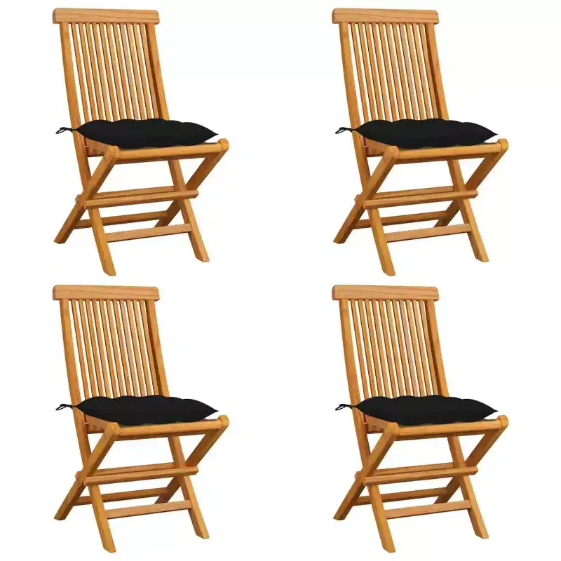vidaXL Patio Chairs 4 Pcs Folding Chair with Cushions, Solid Teak Wood, Black - Ideal for Outdoor/Garden/Patio