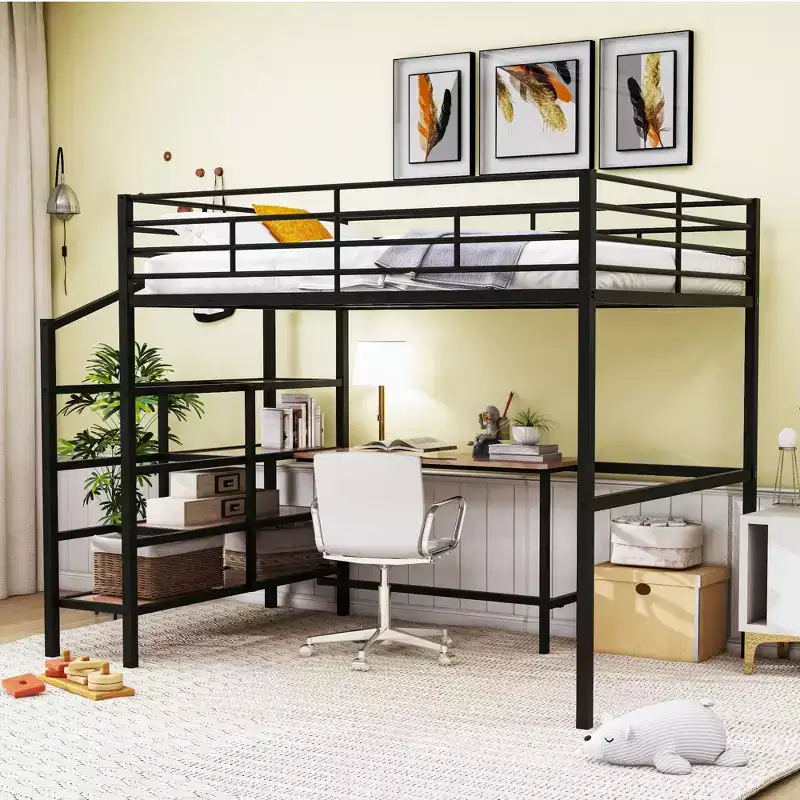 High Full Size Loft Bed with Stairs, Metal Loft Bed with Desk, Full Loft Bed Frame with Lateral Storage Ladder