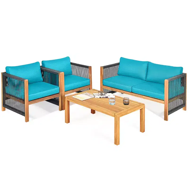 Costway 4PCS Wooden Patio Furniture Set Cushioned Sofa W/Rope Armrest White\Turquoise\Red