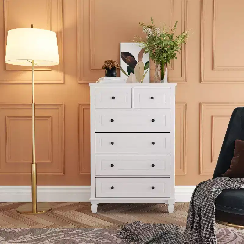 Famapy White Modern 6 Drawers Vertical Dresser with Sturdy Legs and Metal Handles