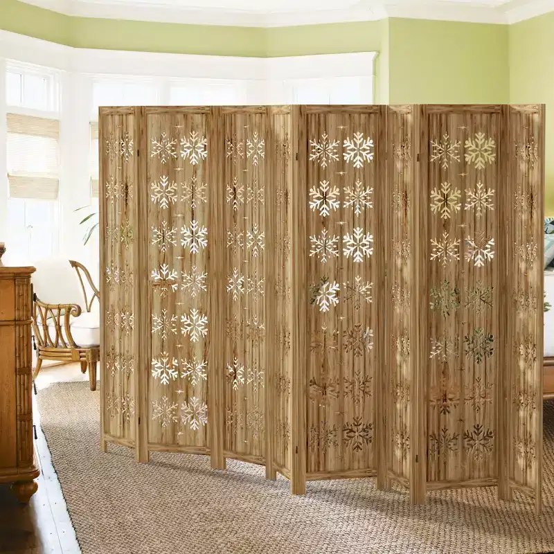 Room Divider Folding Screen with Snowflake Pattern for Home Office Garden Bedroom, Paulownia Wood
