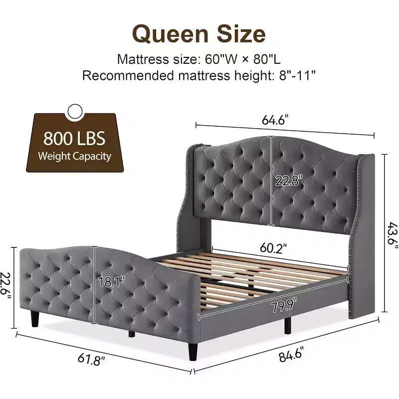 Queen Size Platform Bed Frame, Velvet Upholstered Headboard with Nailhead Trim, Wood Slat Support, No Box Spring Required, Easy Assembly, Quiet