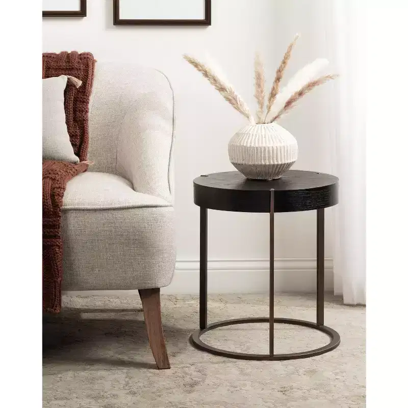 Round Side Table, Wood and Metal, 16x16x18, Black