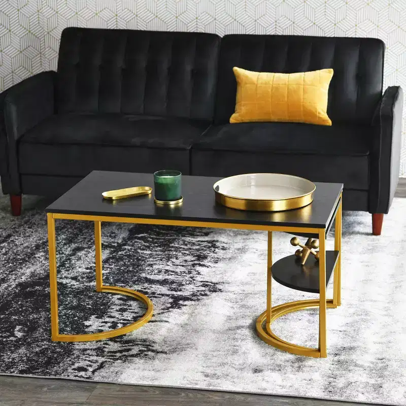 Half Moon Rectangular Coffee Table Black Oak Wood Grain and Gold Metal