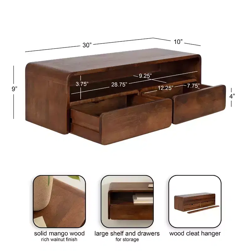 Wood Floating Console Table, Walnut Brown, 30x10x9