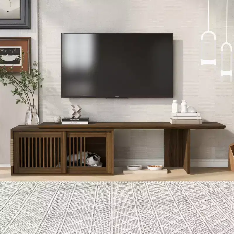 Medieval-style modern walnut TV stand with extendable table, soft cushions, sliding doors, and cat-friendly furniture Walnut