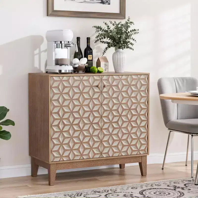 31.5 Geometric Design Sideboard Cabinet with 2 Doors and Adjustable Shelves for Living Room Kitchen Dining Room Beige