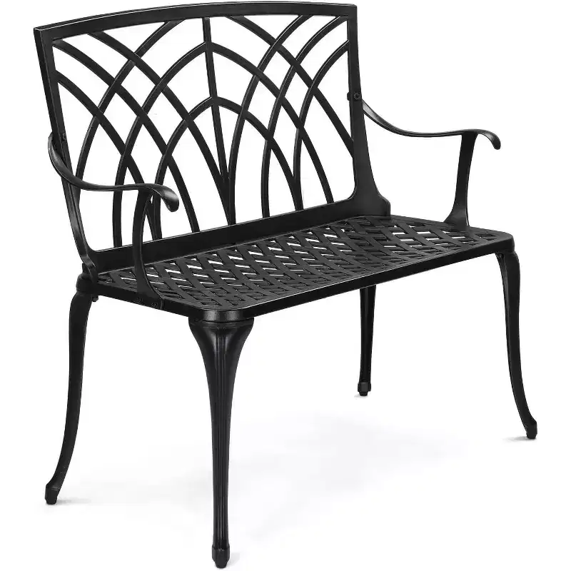 VINGLI 38 Outdoor Metal Bench, 1-2 Person Cast Aluminium Black Garden Bench, Weatherproof Orchid Small Patio Bench Deck Furniture