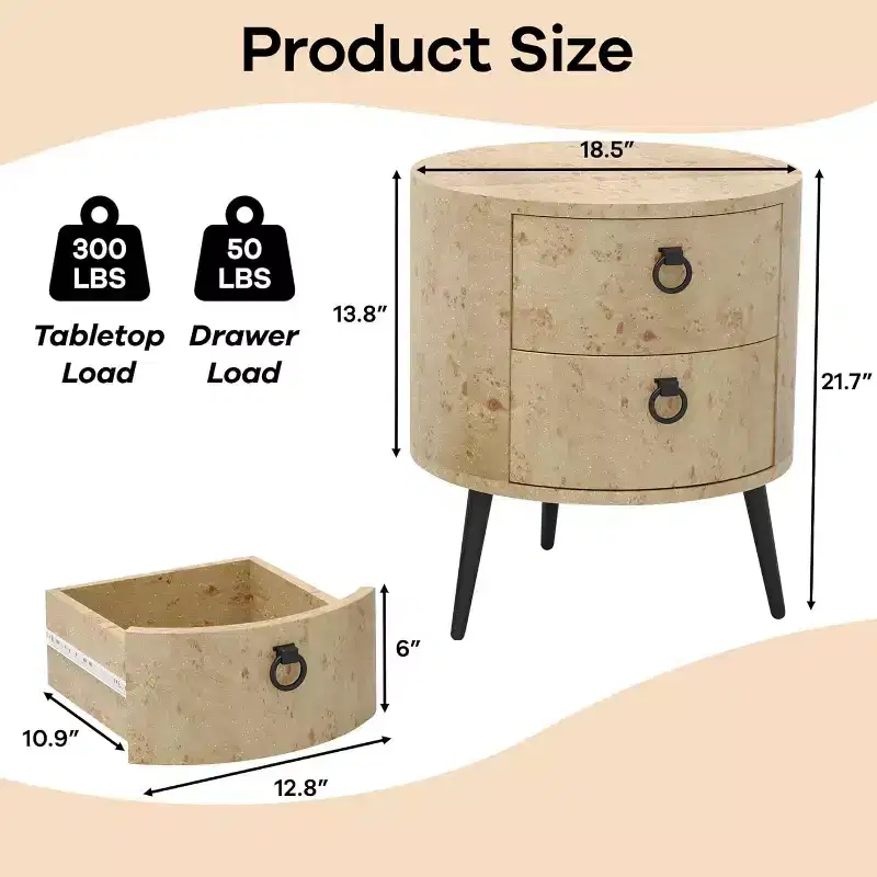 COZONY Round End Table with 2 Drawers, 18.5 Modern Nightstand Side Table with Metal Legs