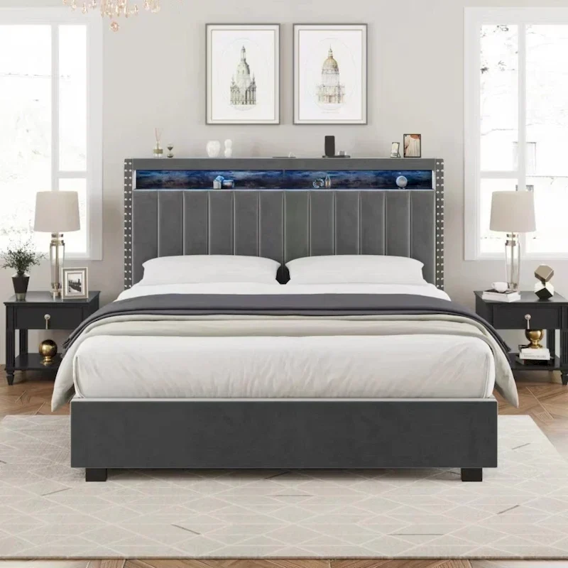 King Size Gas Lift Storage Bed with RF LED Lights, Storage Headboard, King Size Velvet