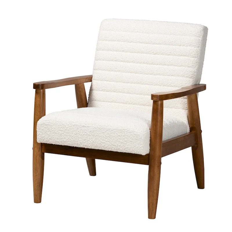 Mid-Century Modern Cream Boucle Fabric and Walnut Brown Wood Armchair