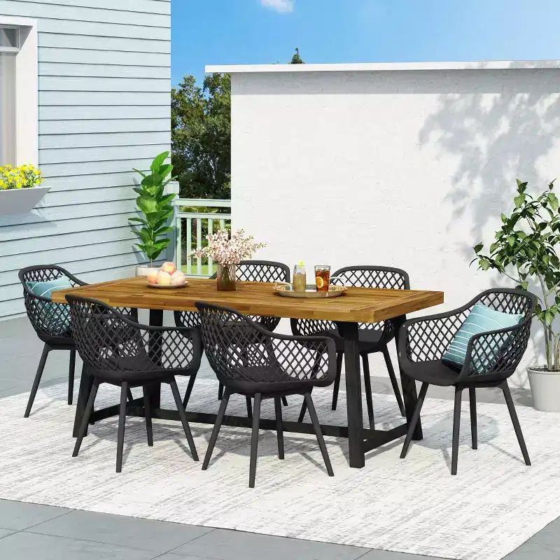 Christopher Knight Home Patrice Outdoor Acacia Wood and Resin 7 Piece Dining Set, Black/Sandblasted Teak