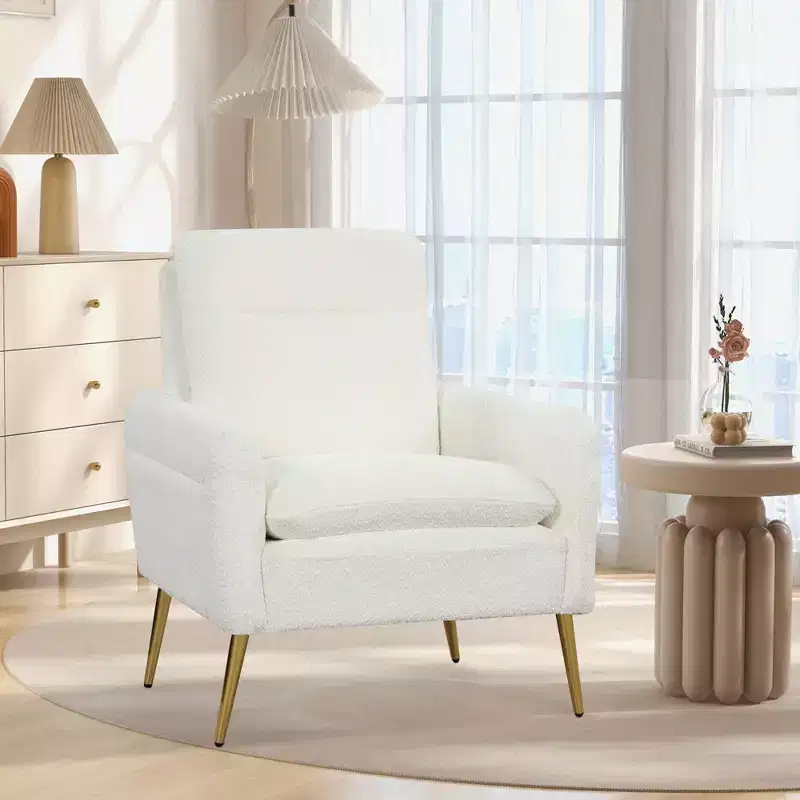 Costway Modern Accent Chair Upholstered Armchair w/ Tapered Metal Legs White