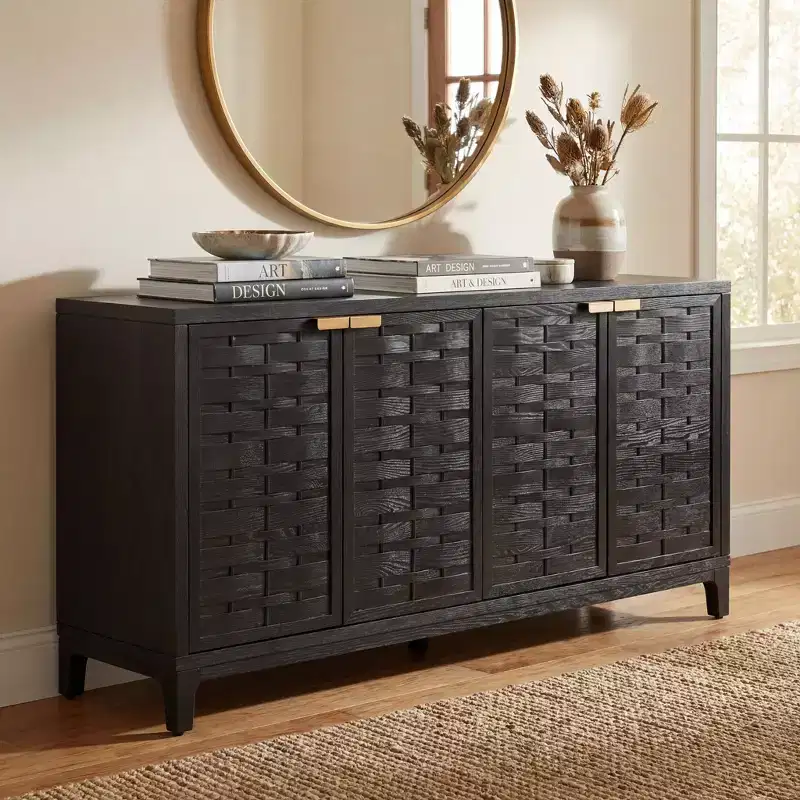Mid-Century Modern 3D Woven 4-Door Sideboard Cabinet