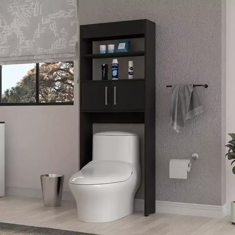 Modern Freestanding Over The Toilet Cabinet with Double Door & Shelves for Bathroom Storage, Easy To Assemble, Black 24,56''W X 8''D x 63''H