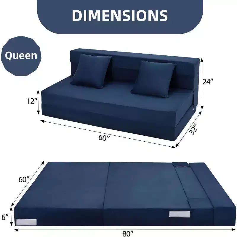 Folding Sofa Mattress, Convertible Queen Memory Foam Sofa Bed with Pillow, Linen Futon Floor Couch for Living Room or Guest Room