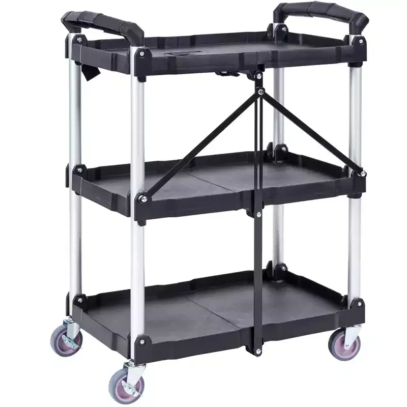 VEVOR Foldable Utility Service Cart, 3 Shelf 165LBS Heavy Duty Plastic Rolling Cart , Portable Garage Tool Cart for Warehouse/Office/Home