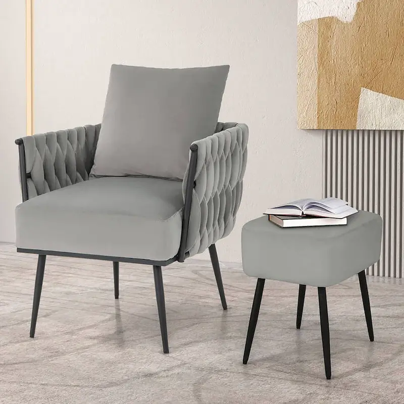 Gymax Modern Dutch Velvet Accent Chair & Ottoman Set Single Leisure