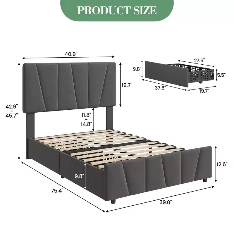 Twin Size Bed Frame with Adjustable Headboard and 2 Storage Drawers, Soft Upholstered Bed Frame with Wooden Slats Support,Dark Grey