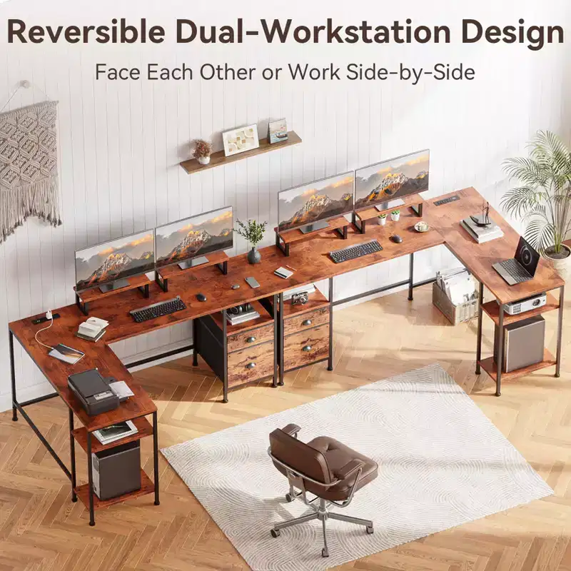 66 Inch Brown L Shaped Computer Desk with Charging Station Reversible Corner Gaming Desk File Cabinet Monitor Stand Storage Home Office Workstation