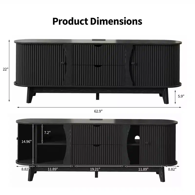 Black/Brown Mid Century TV Stand with 2 Drawers, for 1 Room