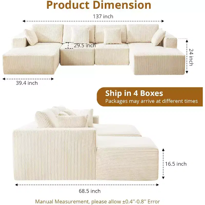 Oversized U-Shaped Cloud Couch, 137 Corduroy Modular Sectional Sofa with Chaise, No Assembly Required, Deep Seat, Compression Foam Sofa