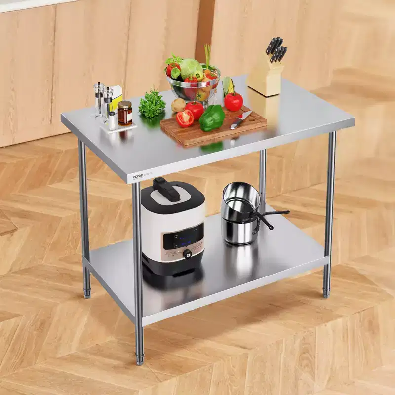 Stainless Steel Prep Table, 30 x 48 x 34 Inch, 880 lbs Load Capacity, Heavy Duty Metal Worktable with 3 Adjustable Height Levels