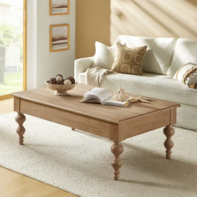 Traditional Lift-Top Coffee Table with Storage Shelf – Solid Rubberwood, Spindle Legs, Rustic Finish