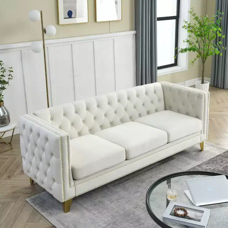 Modern Velvet Sofa with Button Tufted Square Arms and Metal Legs