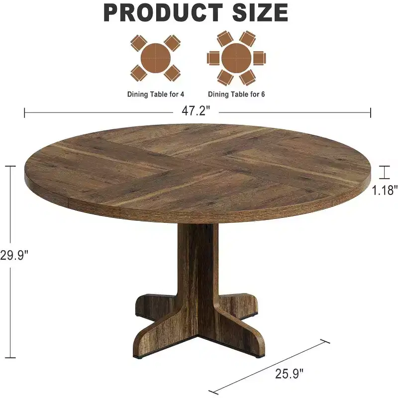 Acekool 47 Round Dining Table for 4-6 - Wooden Family Kitchen Table with Adjustable Feet