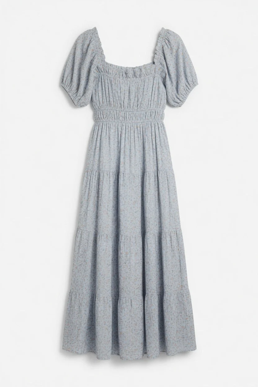 Light Blue Floral Smocked Puff Sleeve Maxi Dress