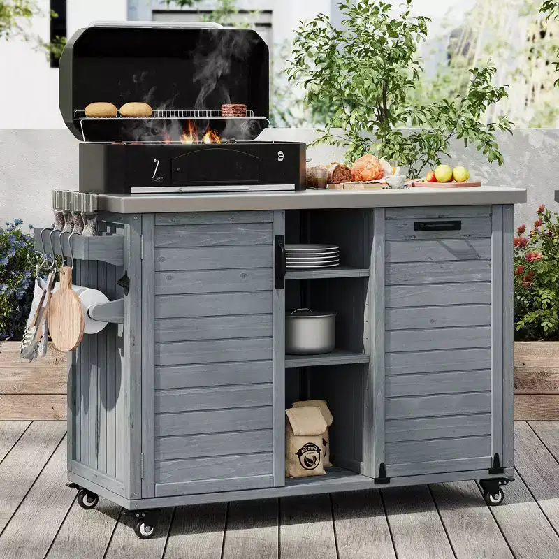 FAMYYT 78.3-Inch Outdoor Kitchen Island with Stainless Steel Countertop, Foldable BBQ Station, and Storage Cabinets, Grey Blue