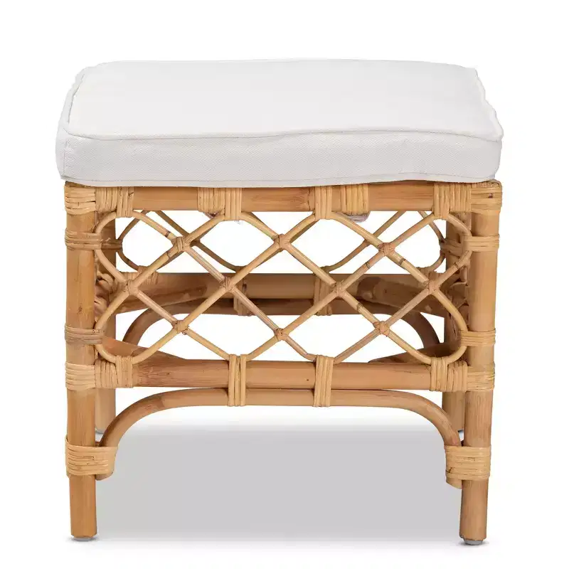 Fabric Upholstered and Rattan Ottoman White/Natural : Comfortable Seating, No Assembly Required