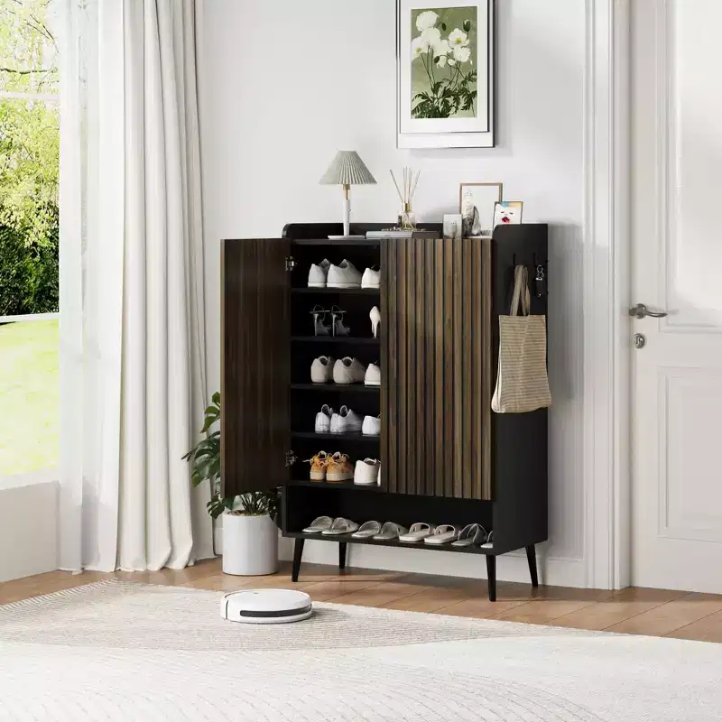 Large Shoe Cabinet with Doors6-Tier Shoe Organizer with 2 Doors & Additional Hooks for Hallway, Entryway, Living Room