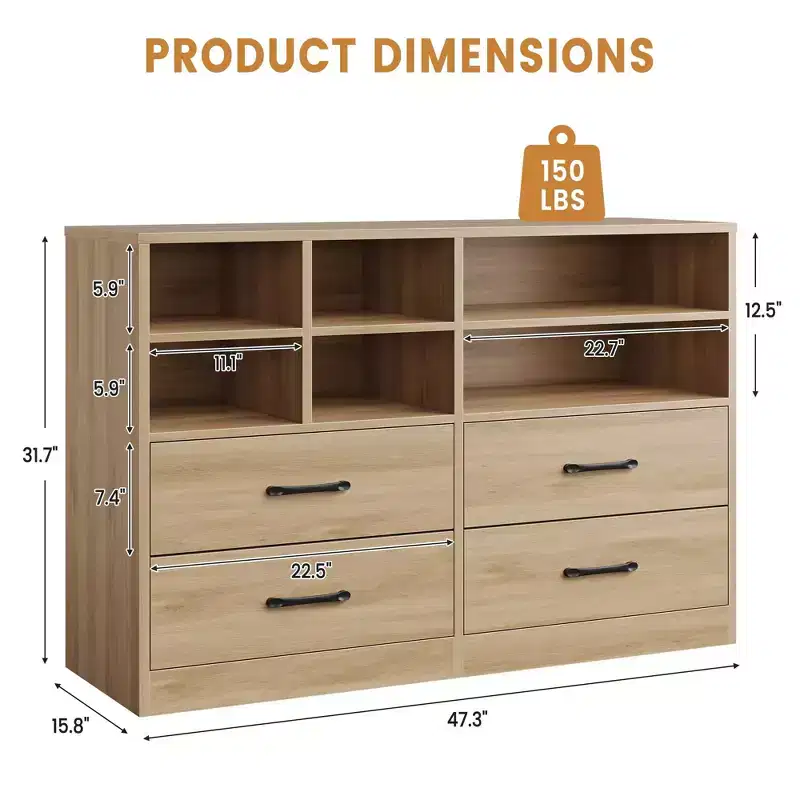 2PCS Wood Dresser for Bedroom with Adjustable Shelves, Modern Chests of Drawers with Open Storage, TV Stand for Living Room, Hallway