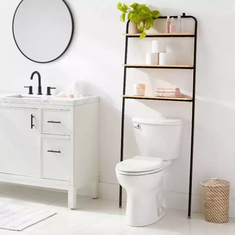 Over The Toilet Storage Black Metal and Wood - Space-Saving Bathroom Organizer with 3 Fixed Shelves