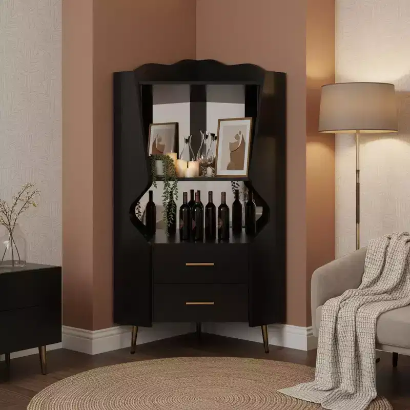 Homy Casa Modern Corner Bar Cabinet with Shelves and Drawers, for Dining or Living Room, Black