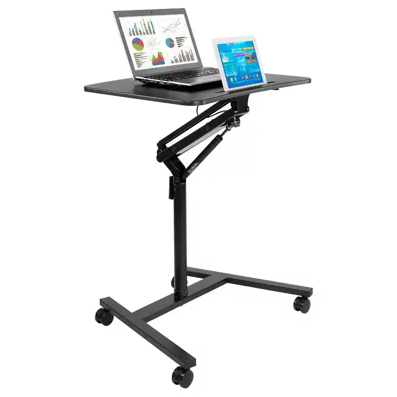 Mobile Standing Laptop Desk | Height Adjustable Rolling Sit Stand Workstation w/ Casters | 27 Wide with Gas Spring Lift Mechanism | Black