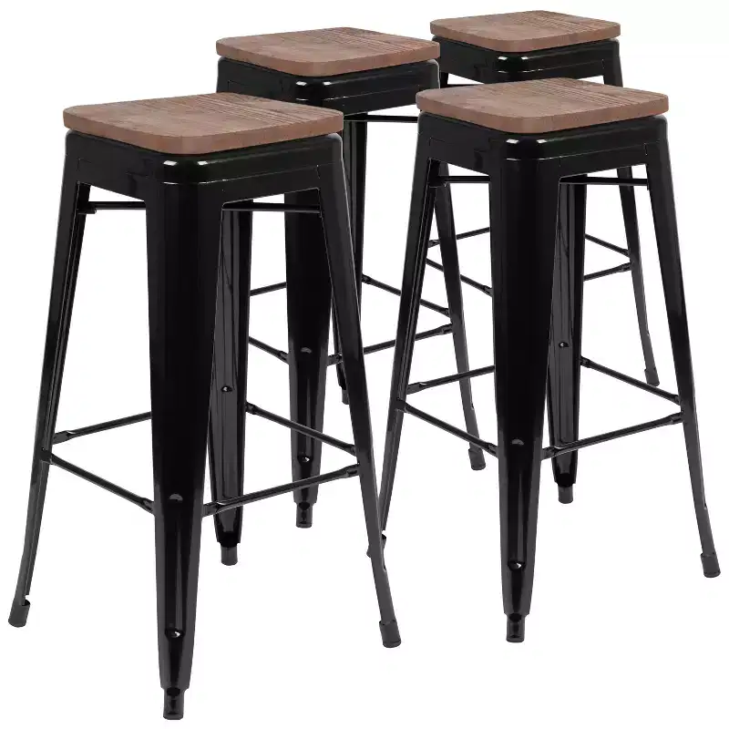 Emma and Oliver 30 High Metal Indoor Bar Stool with Wood Seat - Stackable Set of 4