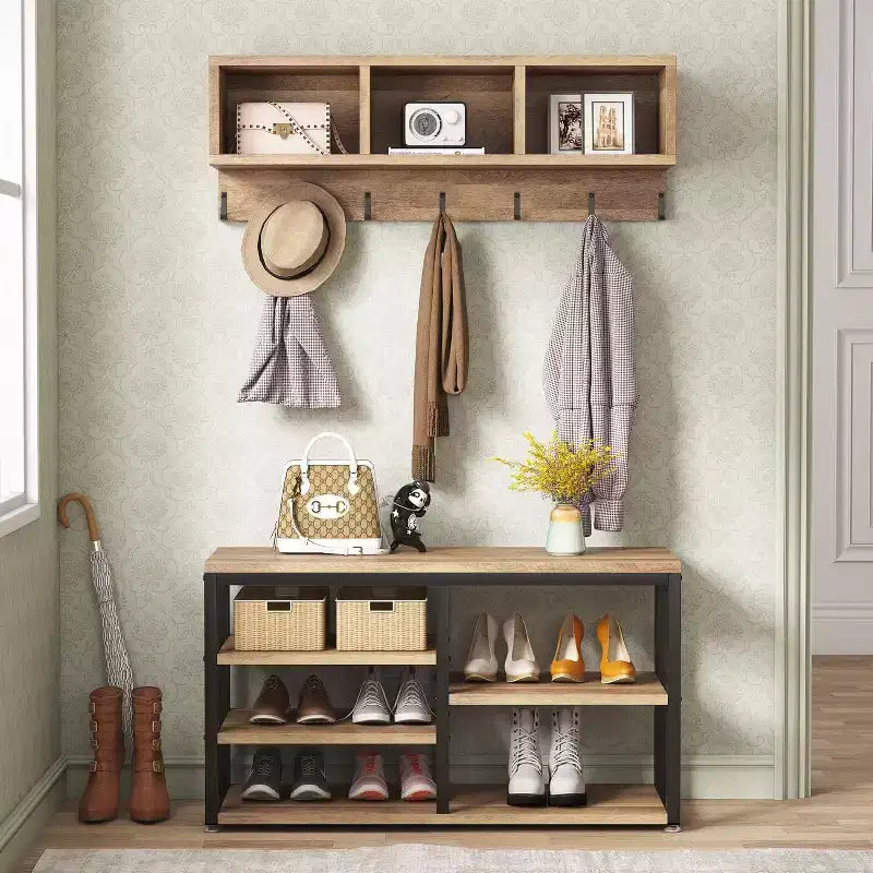 Coat Rack Set, Hall Tree with Industrial Shoe Bench, 3 Storage Cubbies & 7 Hooks, 5-in-1 Design for Entryway/Hallway, Vintage Oak