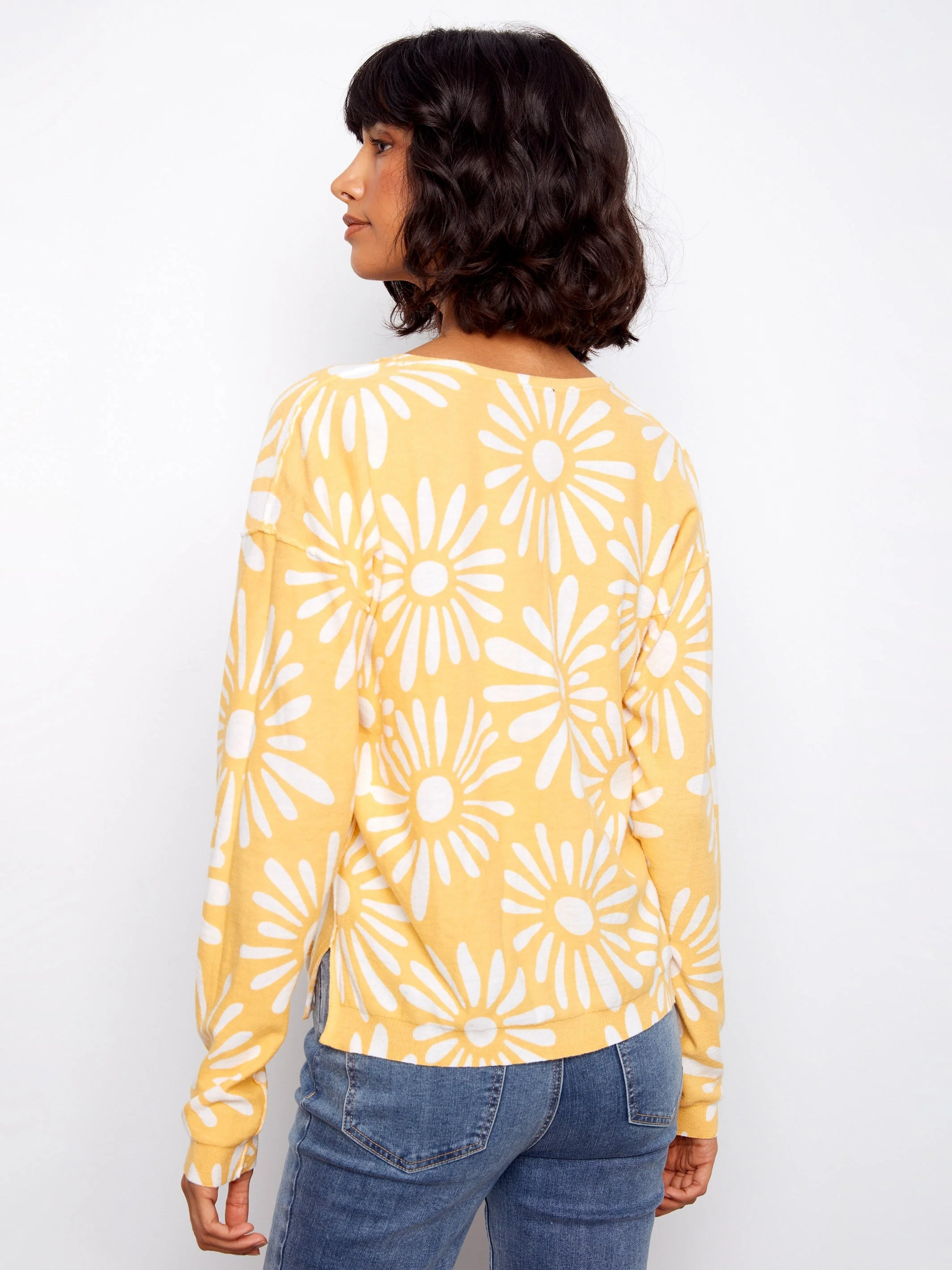 Reversible Printed V-Neck Sweater - Yellow