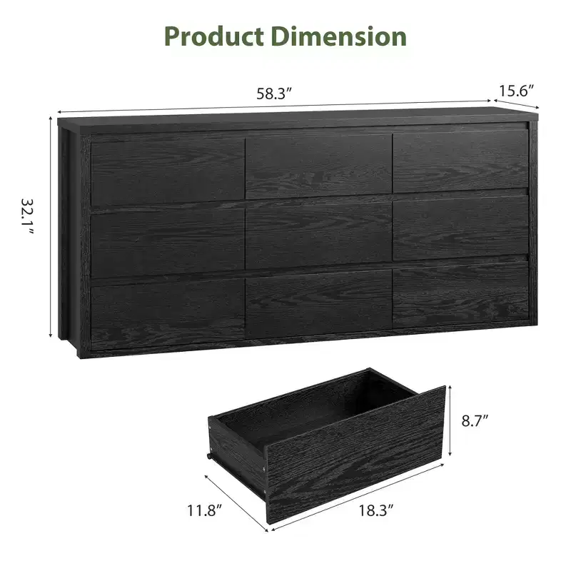 9 Drawer Dresser for Bedroom, Wide Modern Wooden Chest of Drawers with Large Storage, Wood Dresser Organizer for Living Room, Hallway, Entryway