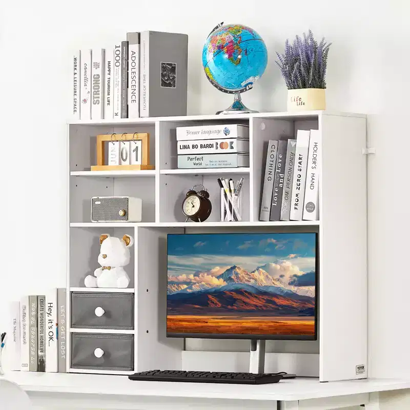 Desktop Bookshelf, 3-Tier Desktop Storage Organizer, 37 x 10 x 31.1 Office Storage Rack Wood Display Shelf, Desktop Bookshelf Hutch, White